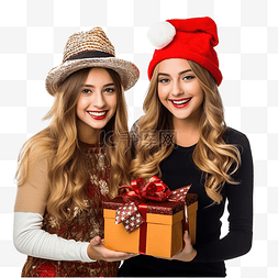 带帽的女人图片_两个漂亮的女孩带着圣诞帽的礼物