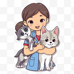 卡通女孩抱着猫与兽医职业插画 