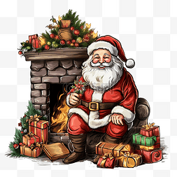 圣诞老人躺在沙发上休息，壁炉和