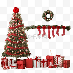 装饰的圣诞树和装饰的白色壁炉旁