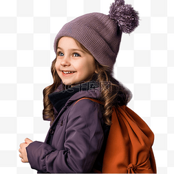 小女孩侧面图片_戴着帽子和圣诞袋的小女孩被隔离