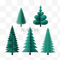 卡通抽象插画图片_绿色圣诞树套装简单最小形状枞树