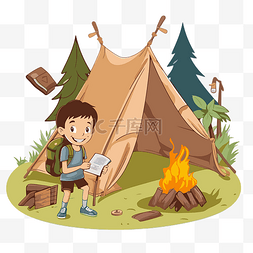 篝火旁图片_免费营地剪贴画 小男孩在帐篷插