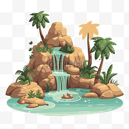 绿洲剪贴画瀑布与岛屿和棕榈树在