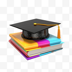 3d 插图彩色毕业帽子和书