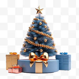 礼盒场景图片_金色圣诞树和粉色圆形领奖台上带