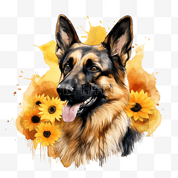 笑脸多巴胺图片_德国牧羊犬与向日葵水彩插图 ai 