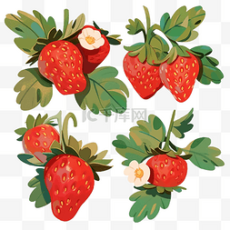 四个红色新鲜草莓，绿叶切出