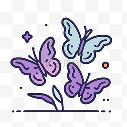 三只彩色蝴蝶坐在叶子上的线条插