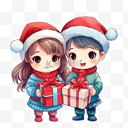 快乐的小男孩和女孩拿着圣诞礼物