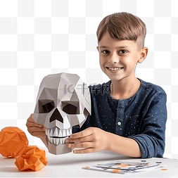 孩子为万圣节制作牙齿纸玩具头骨