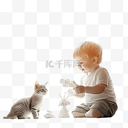 猫玩的玩具图片_小男孩在托儿所的窗台上和他可爱