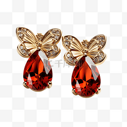 红色宝石蝴蝶形状金耳环