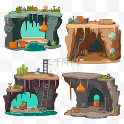 地下剪贴画四个不同的场景与洞穴
