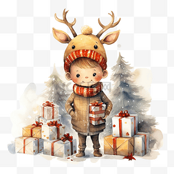 穿着鹿服装礼盒和装饰圣诞树的快