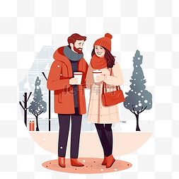 冬天，城市里散步的恩爱夫妻喝咖