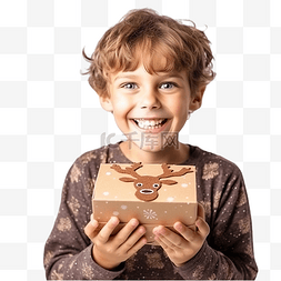 一个孩子拿着一盒圣诞驯鹿鲁道夫