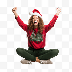 圣诞假期的女孩坐在地板上庆祝胜