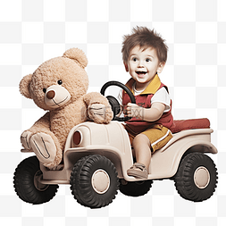 小男孩和一只有趣的小泰迪熊一起