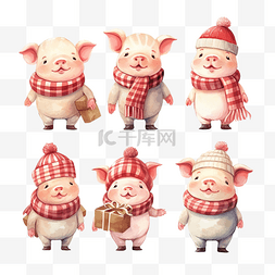 戴着帽子的可爱猪圣诞人物系列