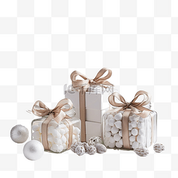 棉花糖白色图片_圣诞礼品盒和一罐棉花糖，白色木