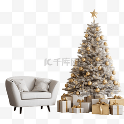 空的沙发图片_现代客厅内部配有圣诞树礼盒沙发
