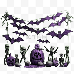 绿紫色纸上的骨架和飞行装饰蝙蝠