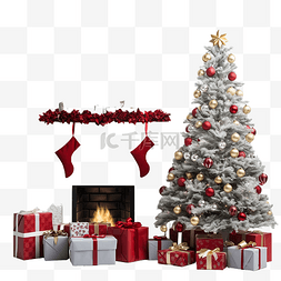 装饰的圣诞树和装饰的白色壁炉旁
