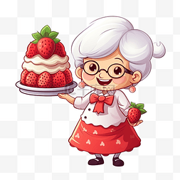 草莓蛋糕图片_PNG克劳斯夫人拿着草莓蛋糕和微笑
