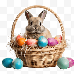 彩绘花卉图片_复活节兔子，篮子里有彩绘的鸡蛋