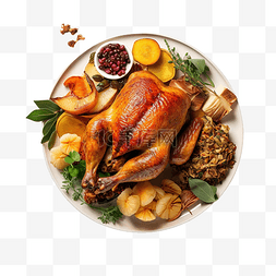 季节美食图片_平铺的盘子，上面有感恩节烤鸡和