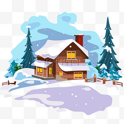 雪松树图片_冬季场景剪贴画卡通冬季房子雪背