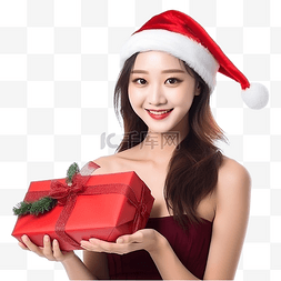 戴着圣诞帽拿着礼盒的亚洲女孩欢