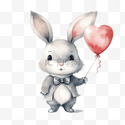 水彩灰色兔子与心