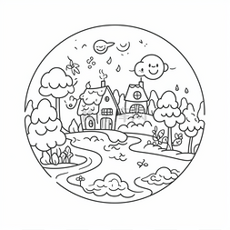 圆形上的线条图片_有树和云的村庄的圆形插图