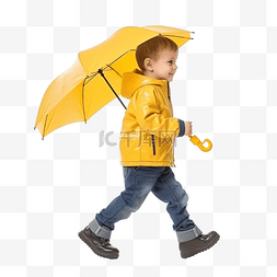 带着外套和雨伞走路的孩子