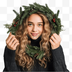小女孩装饰着冷杉和松树枝的圣诞
