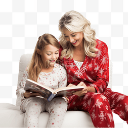 穿着圣诞睡衣的祖母和孙女看书