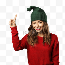 这款图片_戴着圣诞帽的女孩用食指指着孤立