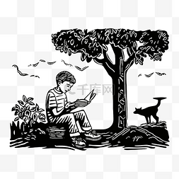 插画树下图片_树下读书的男孩木刻风格与科德尔