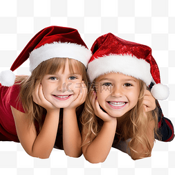 妈妈躺着宝宝图片_圣诞树旁戴着圣诞帽的孩子们躺在