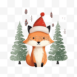 森林派对图片_圣诞贺卡上有一只可爱的狐狸，戴