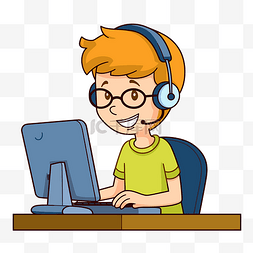 正在电脑图片_客户服务剪贴画卡通男孩戴着耳机