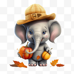 可爱的感恩节大象背着南瓜，戴着