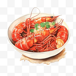 日本料理水彩图片_水彩日本料理炸龙虾面条