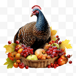感恩节，火鸡提着装满水果的篮子