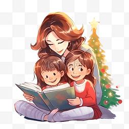 一位母亲在圣诞树旁为女儿读书