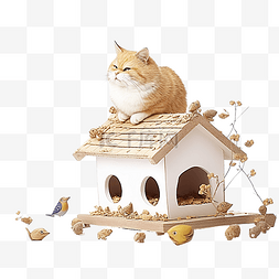 胖小鸟图片_有趣的肥猫躲在自制喂鸟器的屋顶