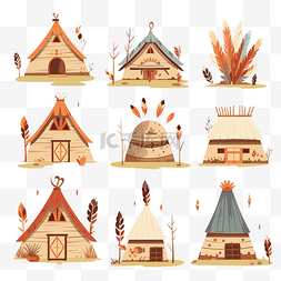 美国感恩节图片_朝圣者和美国原住民房屋孤立的矢