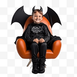 一个穿着蝙蝠服装的男孩坐在黑色